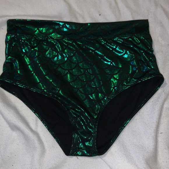 Mermaid swimsuit bottom green scales on black high waist bikini L - Picture 1 of 5